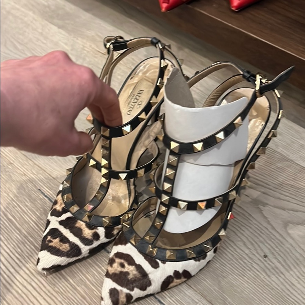 Valentino rock studded pony hair leopard heels